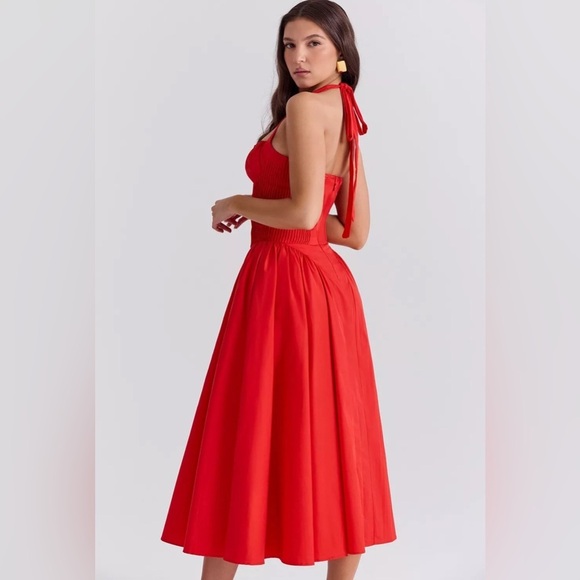 HOUSE OF CB Adabella Italian Tomato Cotton HalterSundress/Size XS - Picture 2 of 8